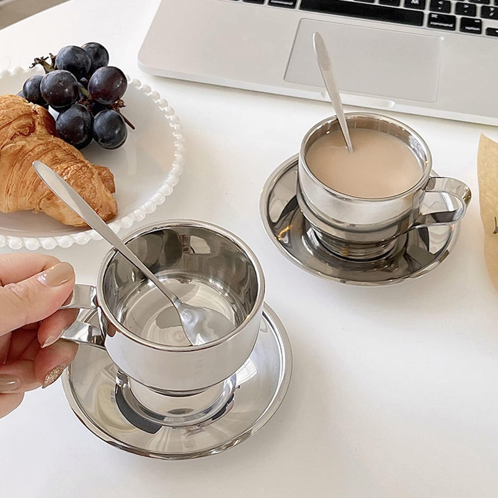 Syrisora 3 STUKS/set geïsoleerde koffiekopjesset roestvrij staal dubbelwandige mokken melk theekop met schotel lepel set (Milaan dubbellaags pak - 180 ml