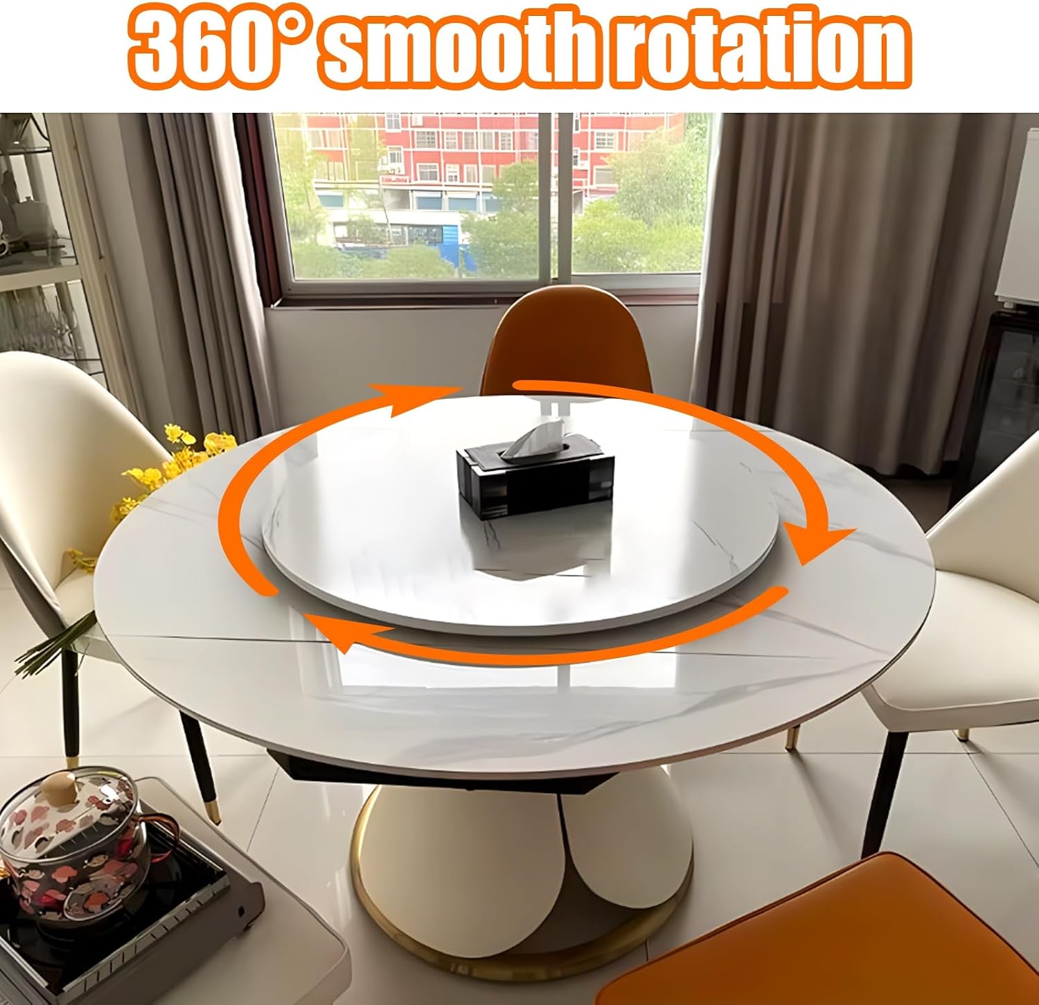 Bamboo Wood Lazy Susan Turntable Rotating Serving Plate for Cabinet, 10 12 15 19 23 27 31 35 inch Dinning Table Organizer, 360° Rotating Lazy Susan for Countertop(White Marble,60cm/23inch)