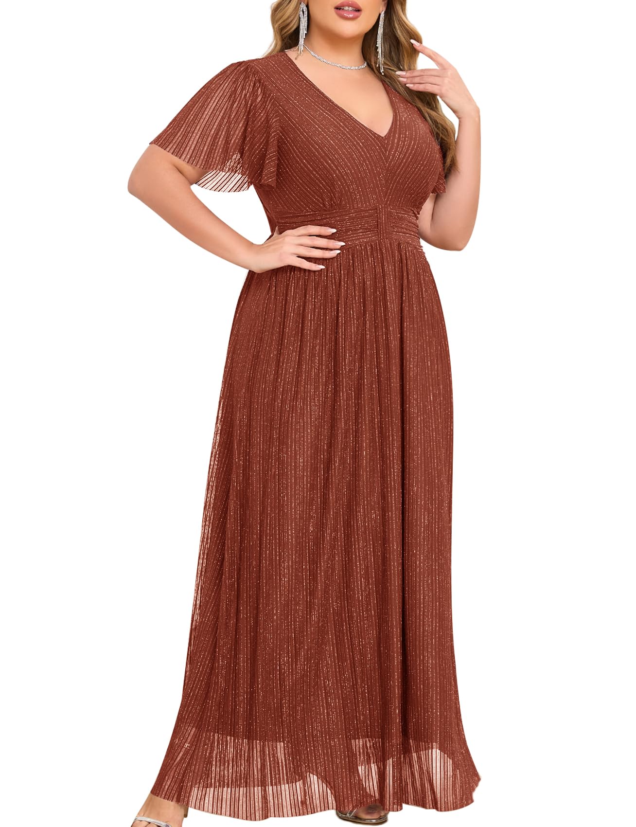 ZOMVA Plus Size Maxi Formal Dress Sparkly V-Neck A-line Ruffle Sleeves Evening Gown Cocktail Prom Lace