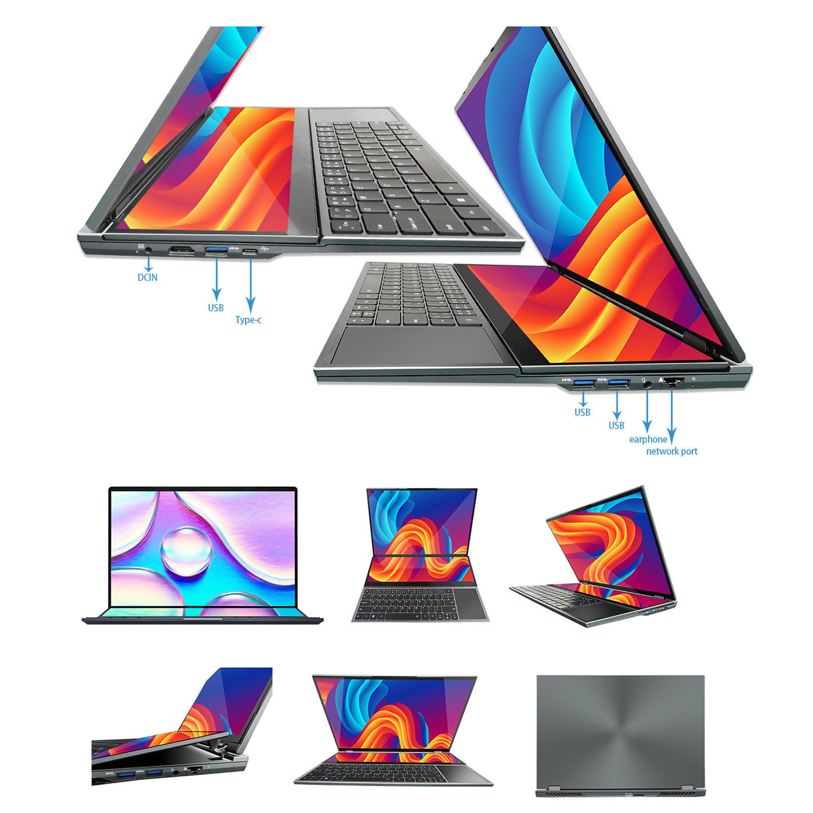 Laptop z Podwójnym Ekranem 16 Cali 1920x1200 HD Laptop, I9 10885H Procesor 16 GB Pamięci RAM, Panel Dotykowy Ekranu Głównego, Znakomity Ciemnoszary (16 GB+256 GB wtyczka UE)
