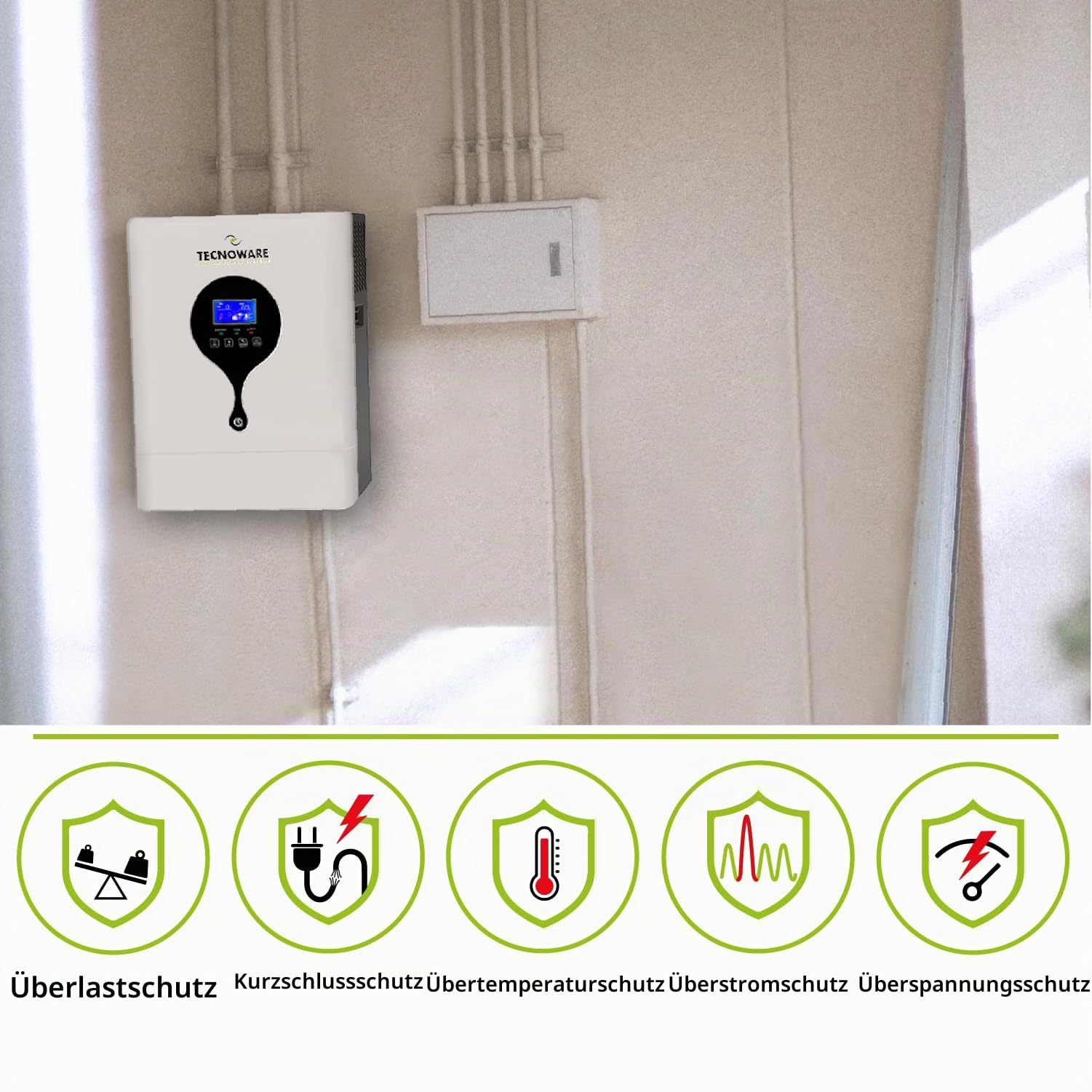 Tecnoware Power Systems - Hybrid Solar-Wechselrichter 3500VA, Reine Sinuswelle, MPPT 120V-450V, Integriertes Batterieladegerät, Kontinuierliche Stromversorgung, USB/RS232 Schnittstelle, Weiß, 3500VA