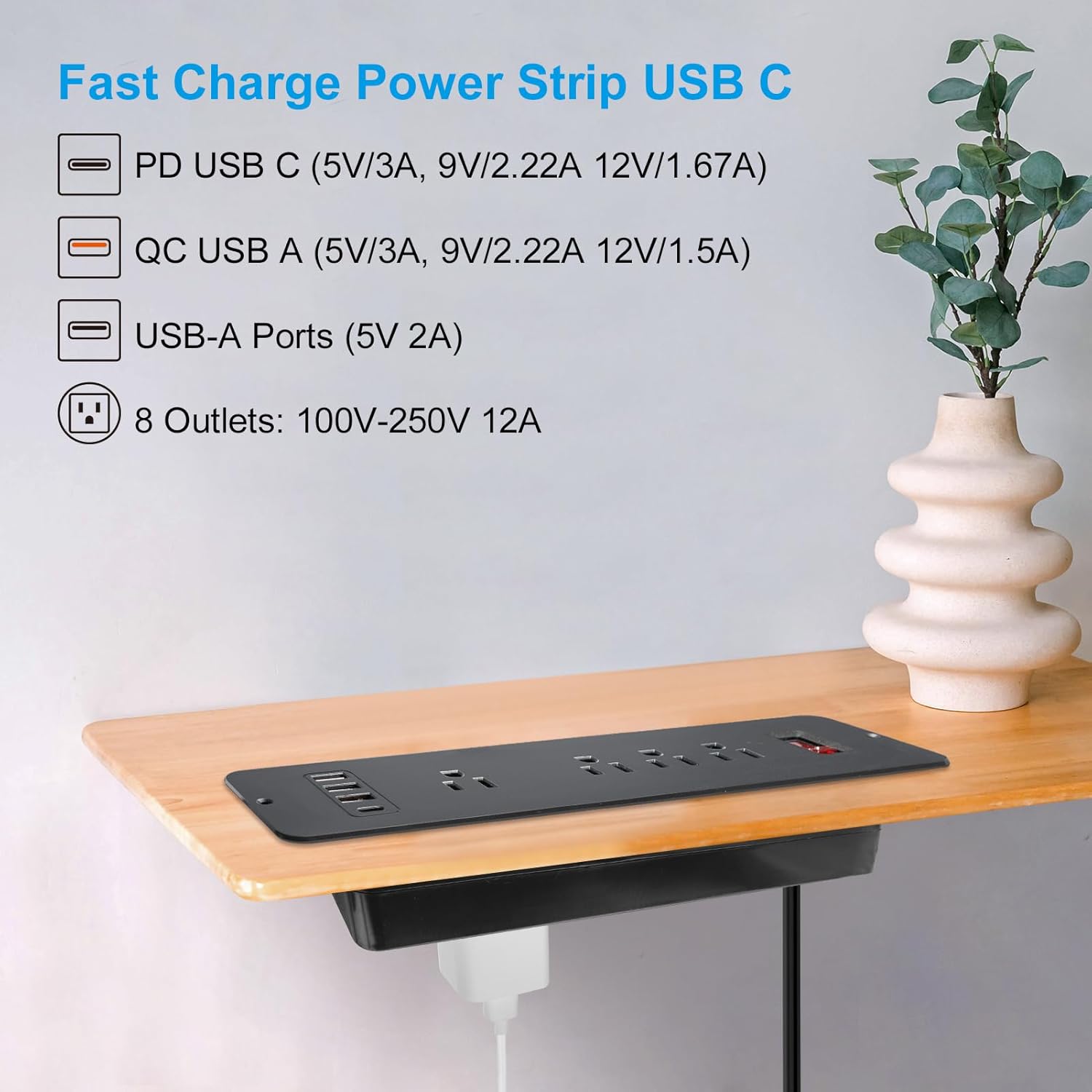 Close-up of the power strip showing USB-C, QC USB-A, and standard USB-A ports with their charging specifications, along with 8 AC outlets.