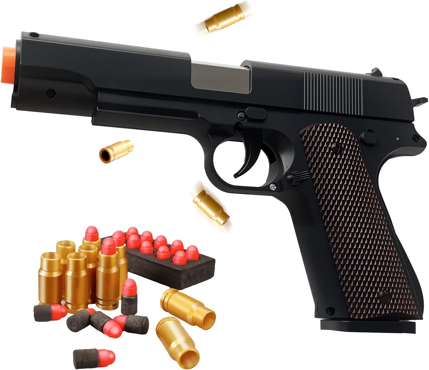 Wood Grain Foam Blaster Pistol with 2 Detachable Magazines, 40 Shell Casings, 50 Soft Bullets, Great Birthday for Boys and Girls, Realistic Action with Shell Ejection