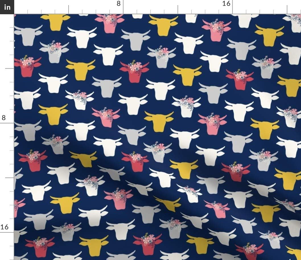 Spoonflower Fabric - Cow Heads Flowers Pink Gold Navy Mustard Farm Printed on Petal Signature Cotton Fabric by The Yard - Sewing Quilting Apparel Crafts Decor