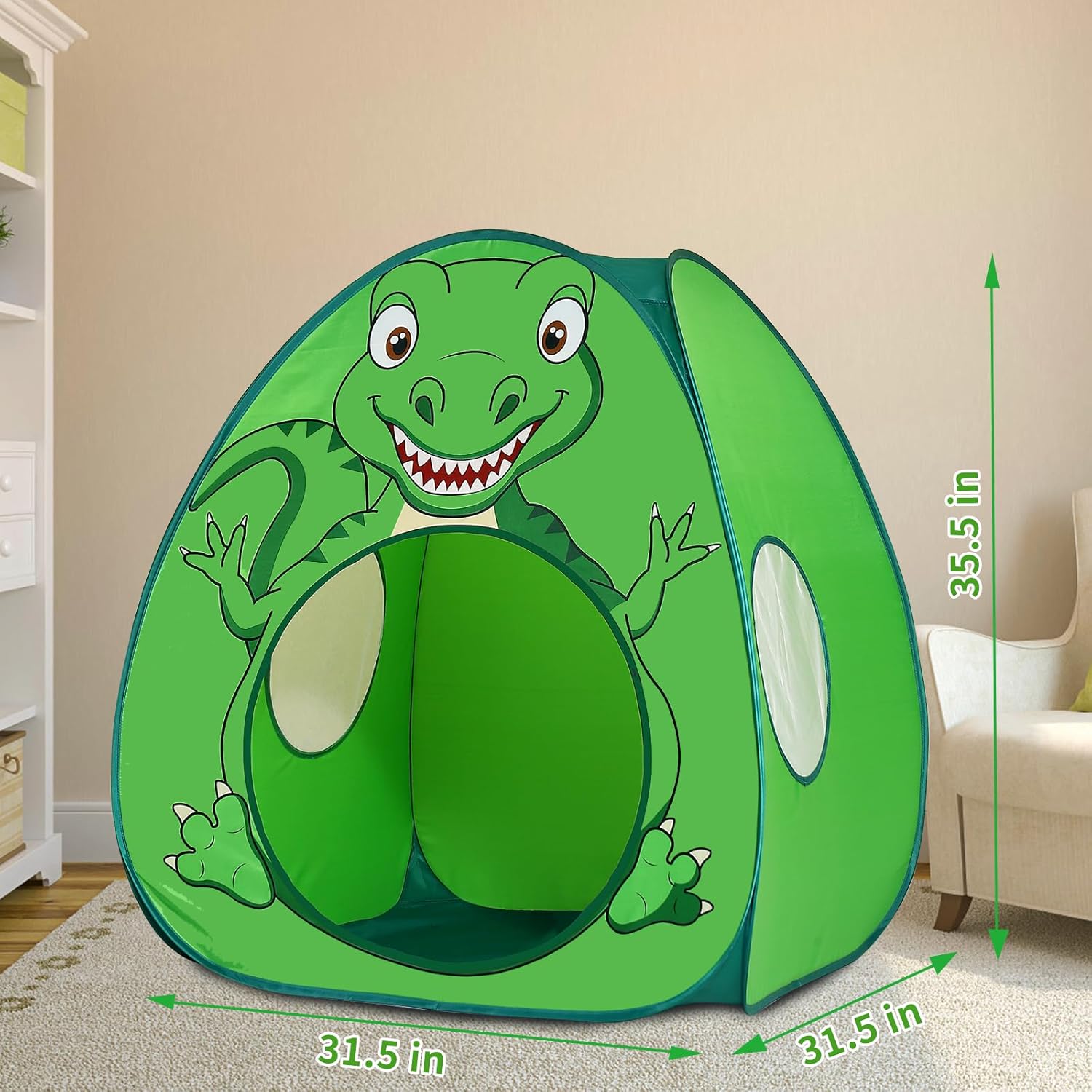 Kids Play Tent Lucky Castle Pop Up Tent for Kid Cute Tent for Boys and Girls Indoor Outdoor Play Tent with Storage Bag Perfect Kids Gift(Green Dinosaur)