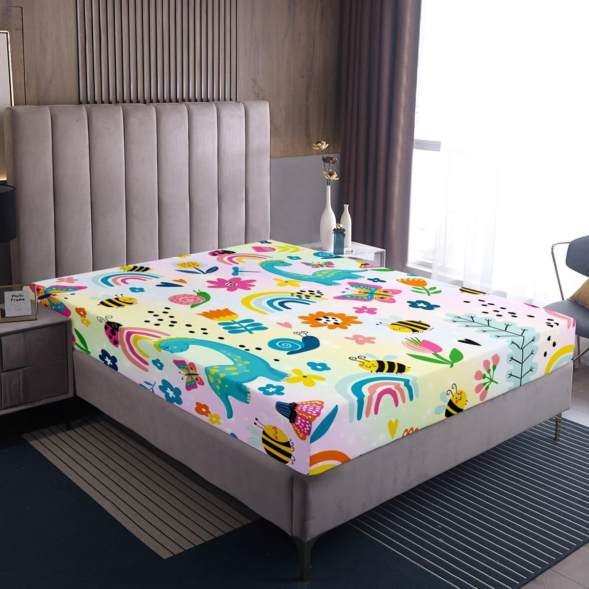 Rainbow Bed Sheets Set Queen Size Kids Cartoon Dinosaur Fitted Sheet with Deep Pocket for Boys Girls Teens Floral Bee Butterfly Bedding Set Breathable Cute Animal Bedroom Decor Bedclothes