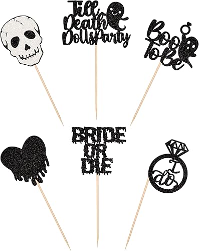Miniatura 3 de 24 piezas de decoración de cupcakes para fiesta de soltero de Halloween, anillo de novia o muerte, calavera, corazón sangriento I Do para Halloween,
