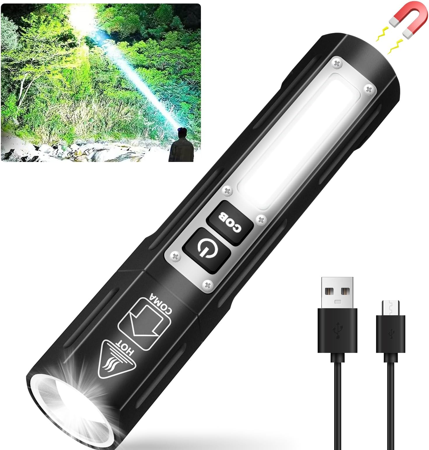 Rechargeable Magnetic Flashlights 20000 High Lumens - Super Bright Long Beam LED Powerful Small Flashlight 8 Modes with COB Work Light, Dual Button Tactical Pocket Flashlight for Camping Emergency