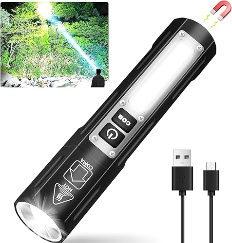 Pequeñas linternas magnéticas LED recargables de 20000 lúmenes altos, linterna potente de bolsillo de haz largo súper brillante, 8 modos con luz de
