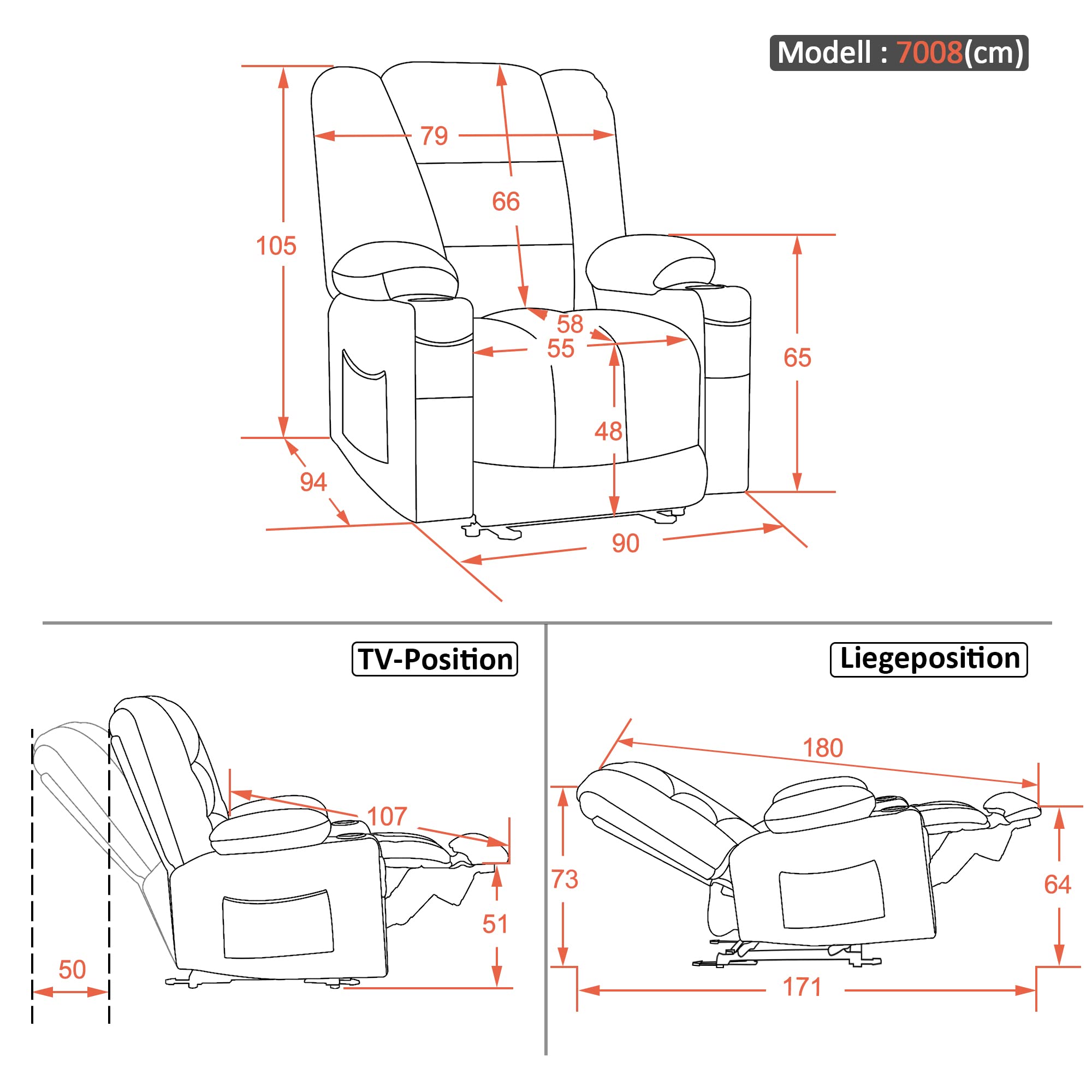 MCombo M Poltrona TV Regolabile elettricamente, poltrona reclinabile con funzione di reclinazione, poltrona TV con funzione Massaggio e Calore, USB e portabicchieri, Tessuto,7008 (grigio scuro)