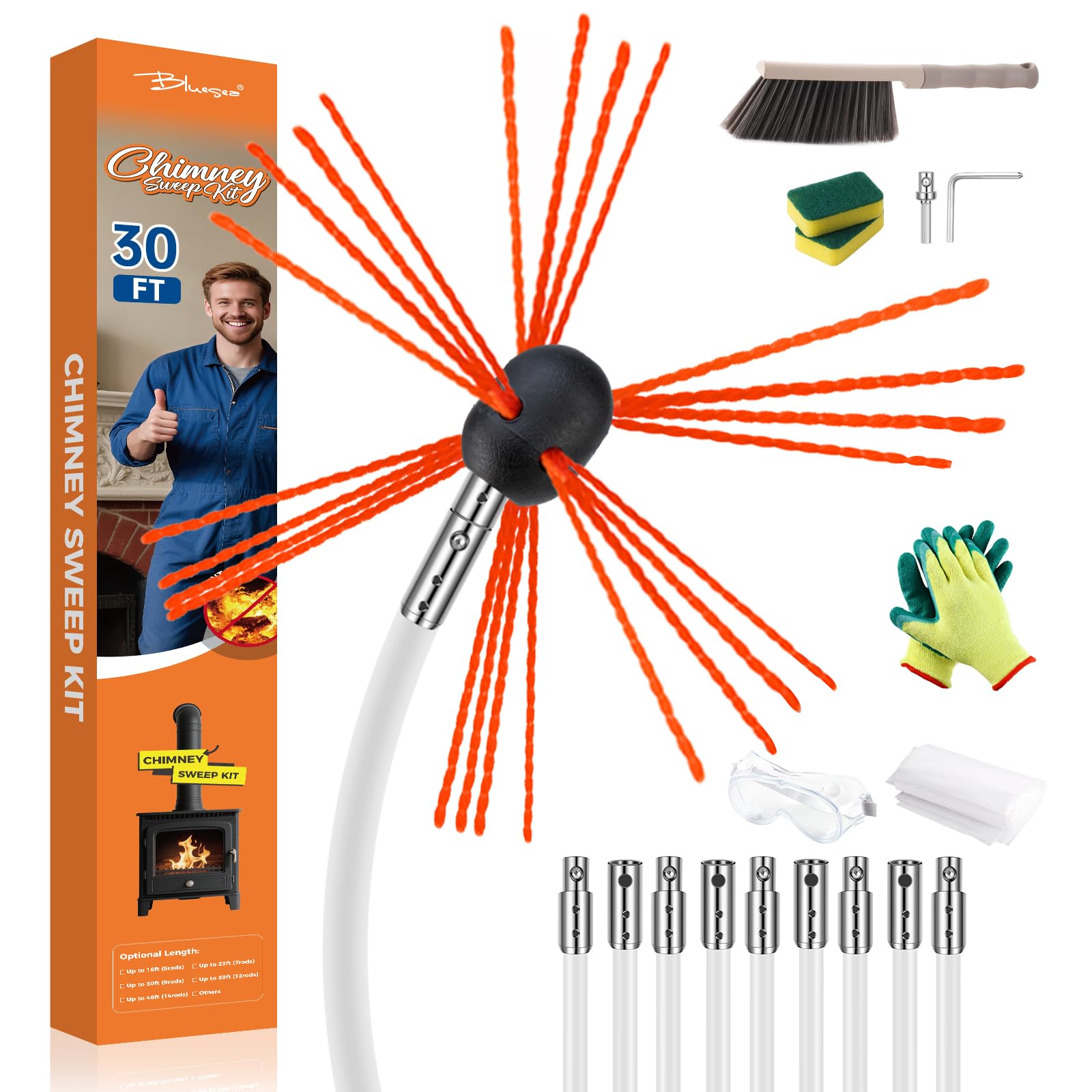Bluesea 30 Feet Chimney Sweep Kit, Ergonomic Chimney Cleaning Kit, Extends Up to 30 Feet, Chimney Cleaner, Chimney Cleaning Tools, Chimney Cleaning System with Strong Brush, 9 Flexible Chimney Rods