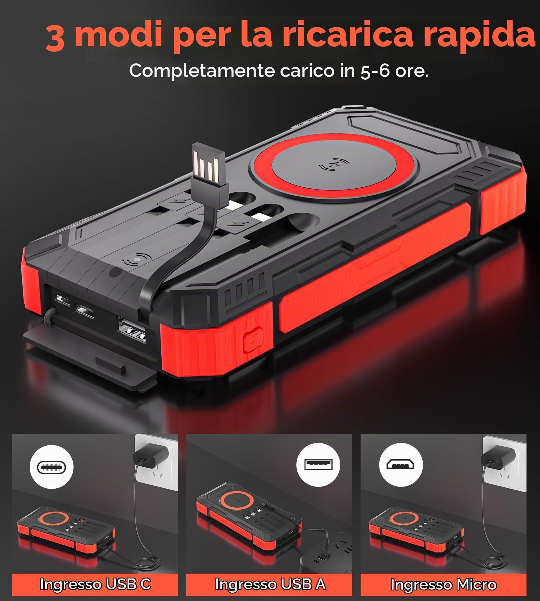 Power Bank Solare 56800mah con Funzione di Ricarica Wireless, STANDARD Viene fornito con 5 Uscite 3 Ingresso, Torcia Elettrica, Moschettone, Qc 30 E USB C Pd 20w per Telefoni Portatili
