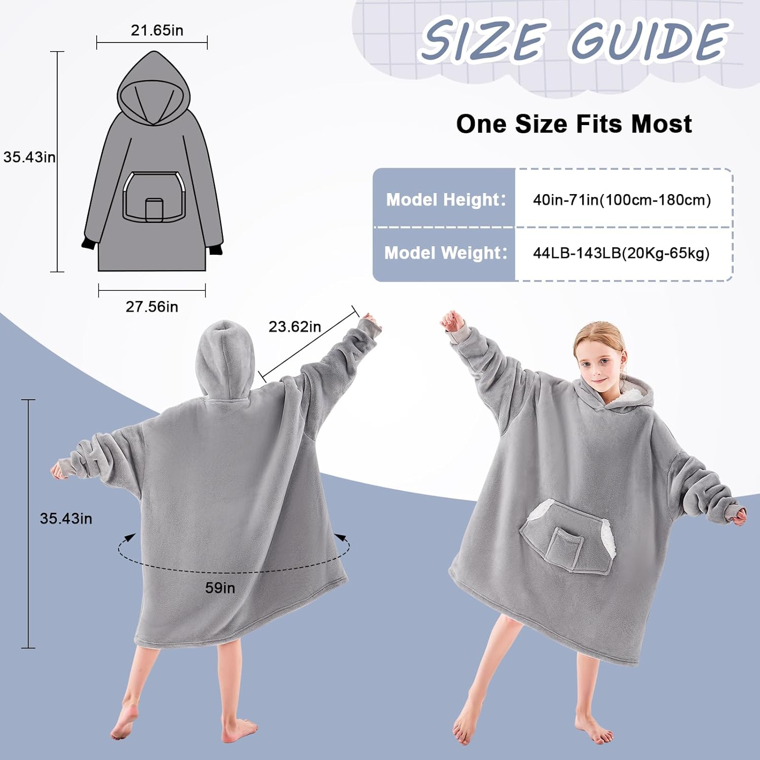 Wearable Blanket Hoodie for Kids, Blanket Hoodie For Kids With Hood And Pocket, Sherpa Oversized Cozy Sweatshirt Blankets As Gifts For Girls Boys (Grey) - Image 3