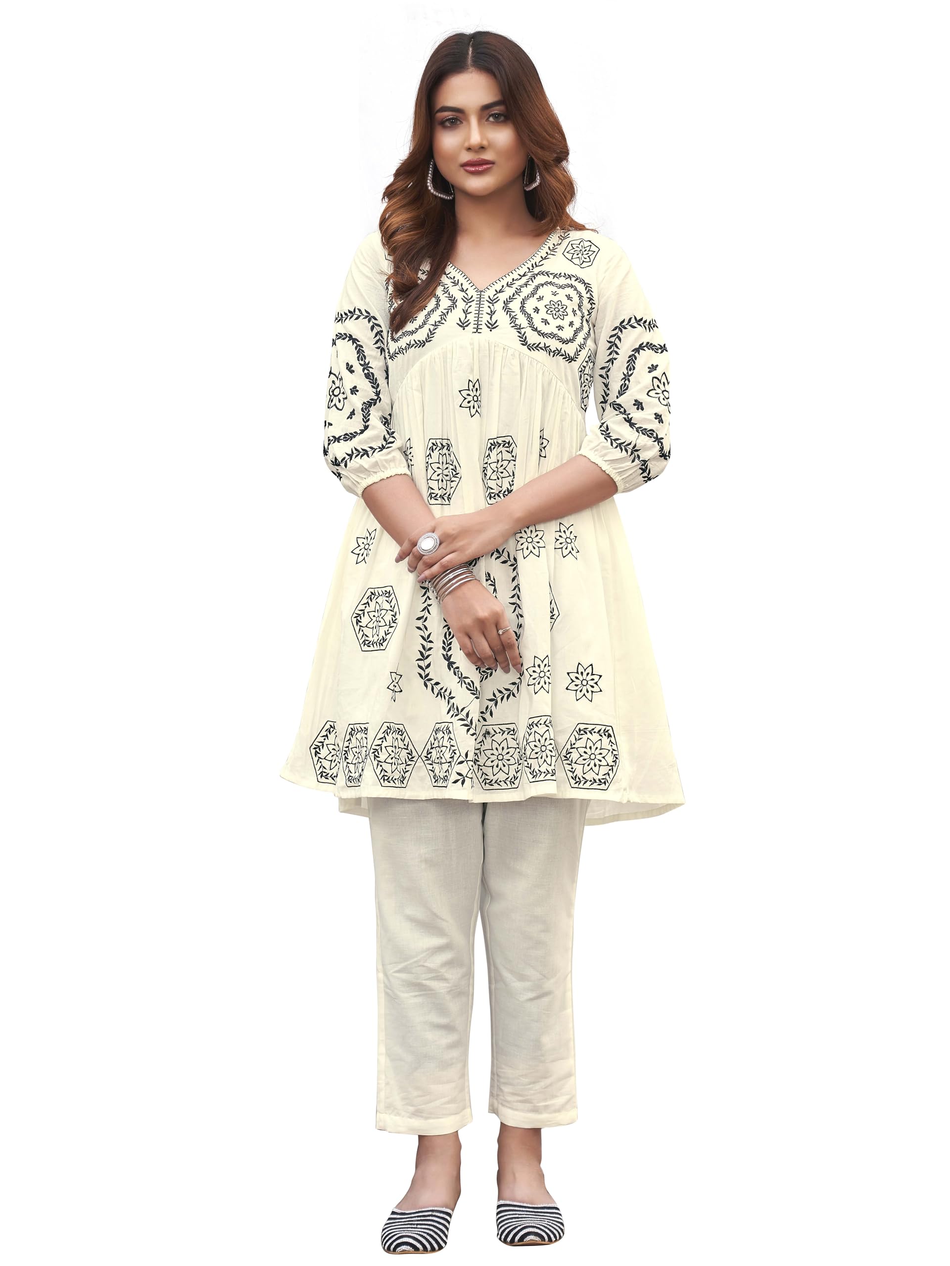 Womanista Women's Pure Cotton Solid Regular Embroidered Co-Ord Set 9137_Off White