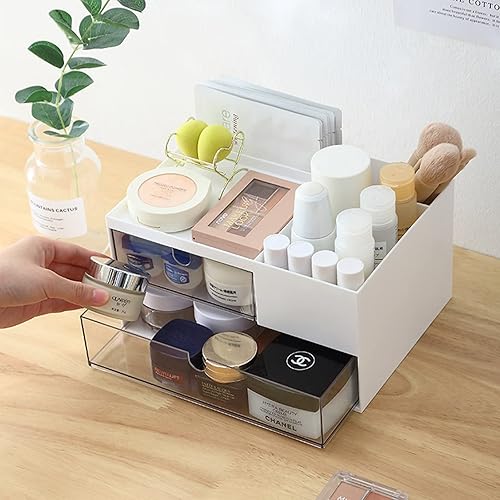 Makeup Organizer with 2 Drawers, Desk Organizer, 4 Compartments, Cosmetics Storage Box for nail polish,Lipstick, Brushes, Jewelry, Skincare, Bathroom Organization Boxes - White