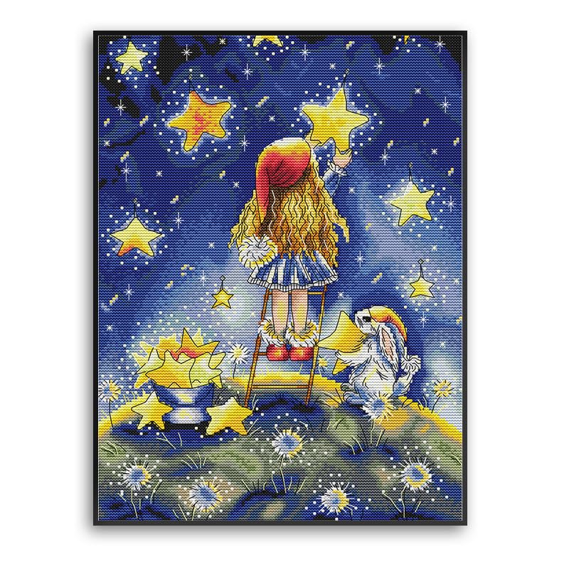 Gofission 11ct Stamped Cross Stitch Kits for Adults Beginners Girl Picking Stars DIY Pre Printed Cross Stitch Embroidery Set including Accessories Wall Decor 41x52cm (Stars)