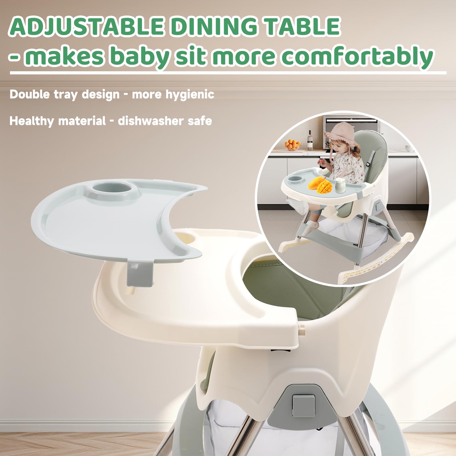 Trona Plegable para Bebé con Bandeja Extraíble y Ruedas,Altura Regulable,Combinación de Funciones para Bebés y niños Pequeños