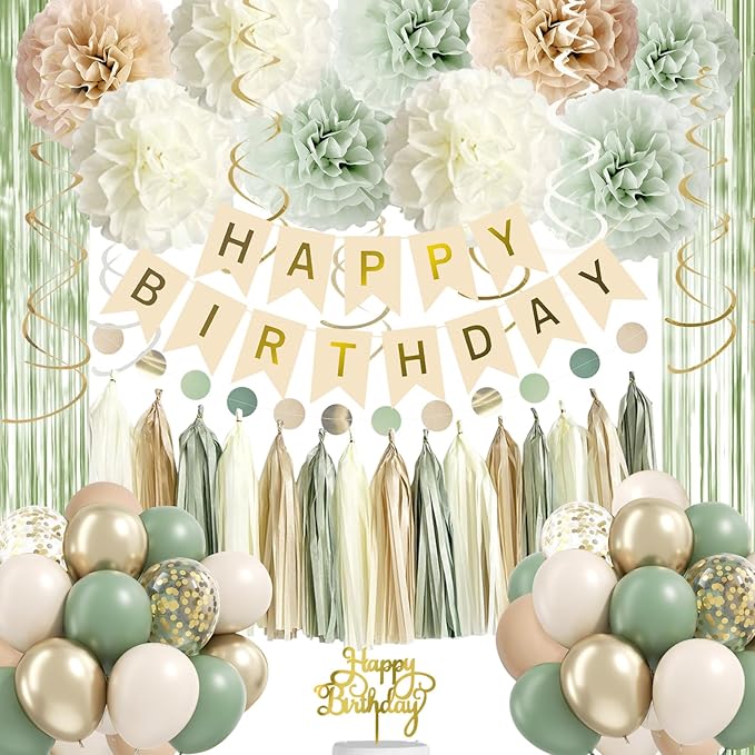 Kit Decoracion Fiesta Sage Green Globos Cortina 37 Piezas