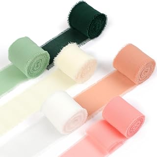 Phinus 1.6 inch x 6 Rolls Chiffon Ribbon, Total 33 Yards Colored Handmade Chiffon Silk Ribbon, Frayed Fringe Ribbons for Packaging Bouquets, Gifts, Wedding Invitation, DIY Craft, Home Party Decoration