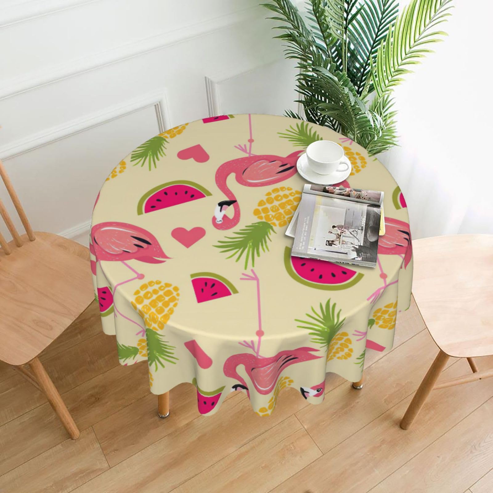 Zcmkjlg Flamingo With Monstera Print Quick Ship Round Tablecloth 60in Polyester Washable Cover for Dining Room