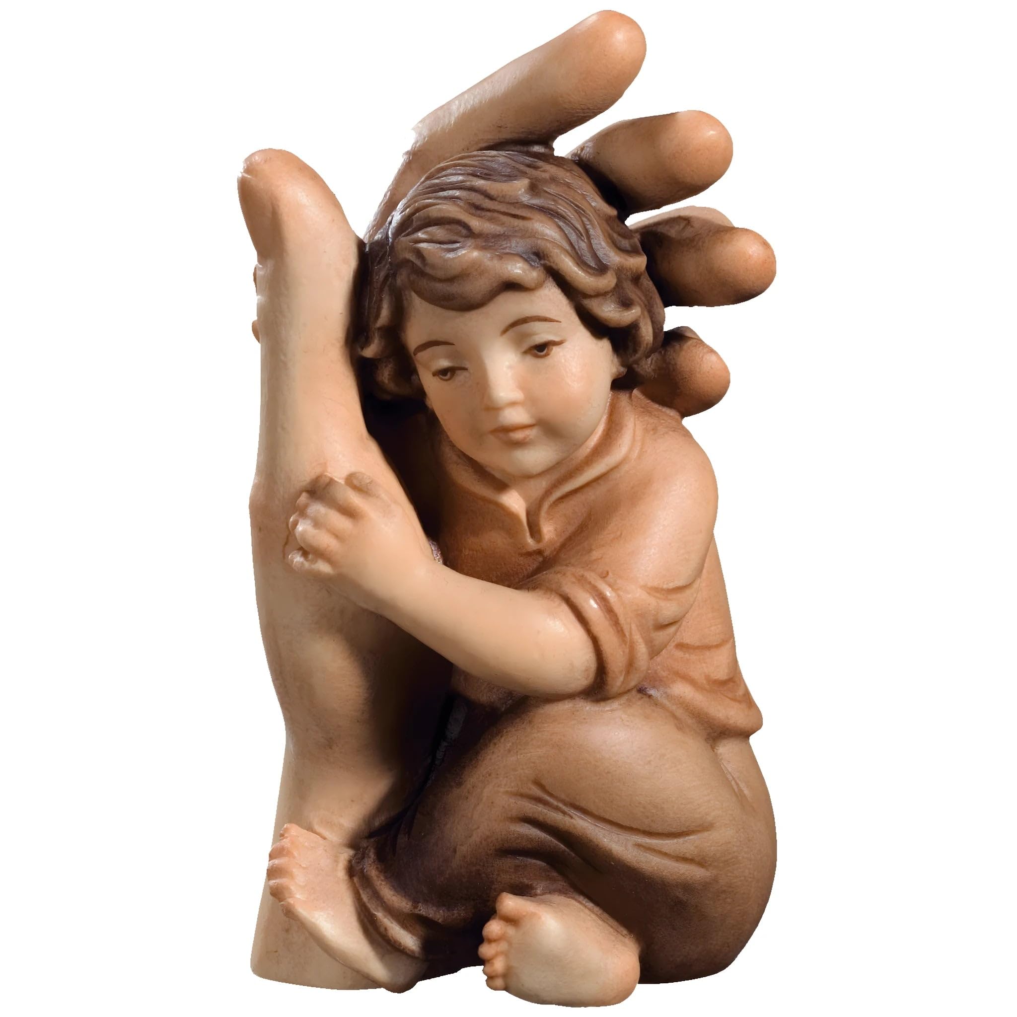 Schutzengel mit Kind und schützender Hand 20 cm Holz handbemalt in Gröden Religiöser Artikel
