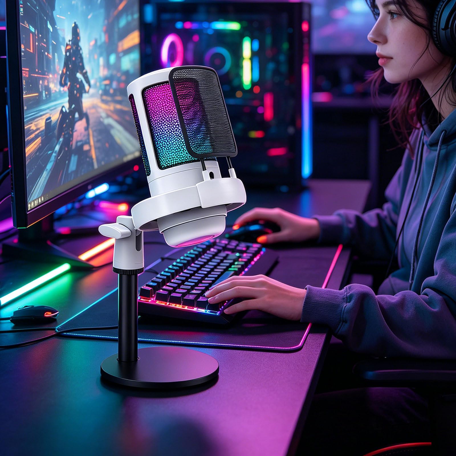 Microfono USB migliorato a LED per streamer di gioco, presentatori di podcast, con suono chiaro e facile installazione microfono USB con cancellazione del rumore