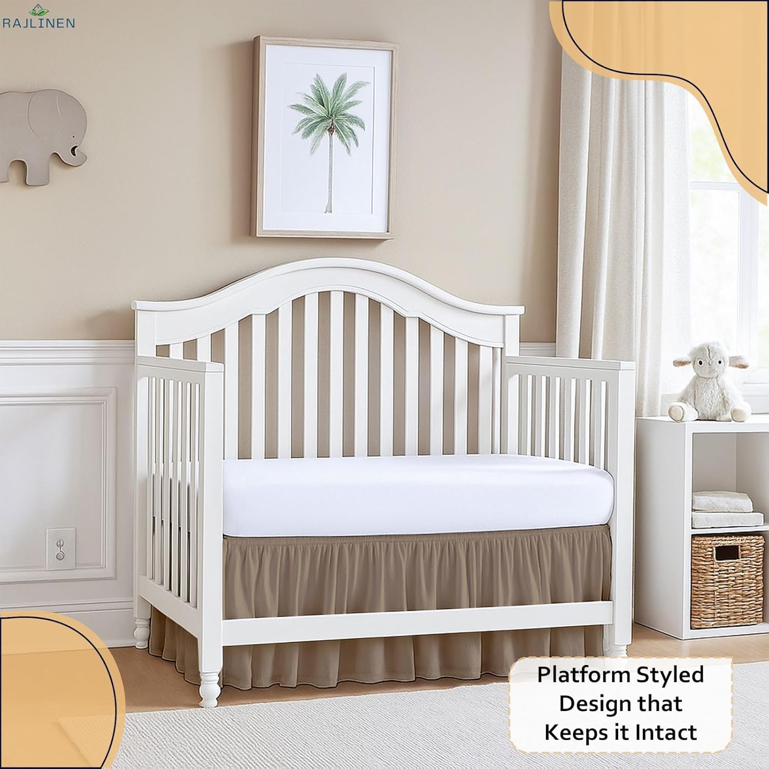 Rajlinen Ruffled Crib Bed Skirt, Microfiber, Dust Ruffle with Split Corners, 14" Drop, Nursery Toddler Bedding for Baby Boys or Girls, Taupe