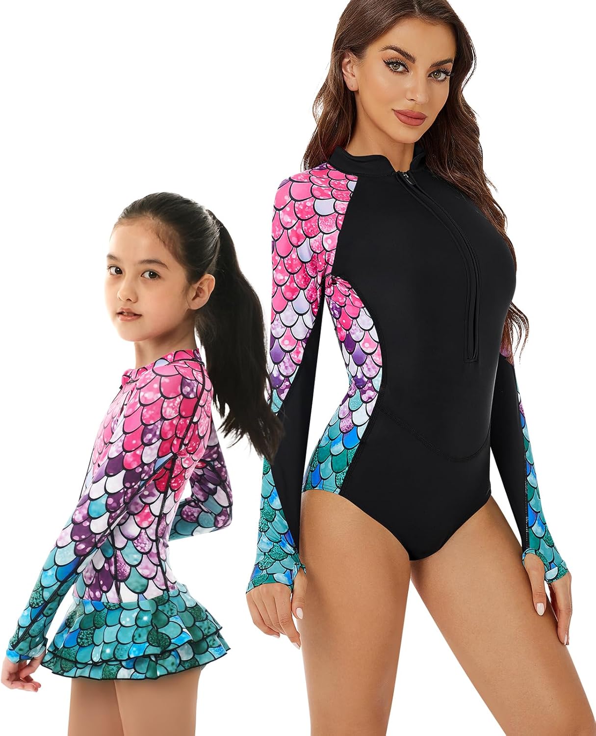 Women and Girls Matching Swimsuit: Long Sleeve One Piece Rash Guard Bathing Suit UPF 50+ (Please Order Separately)