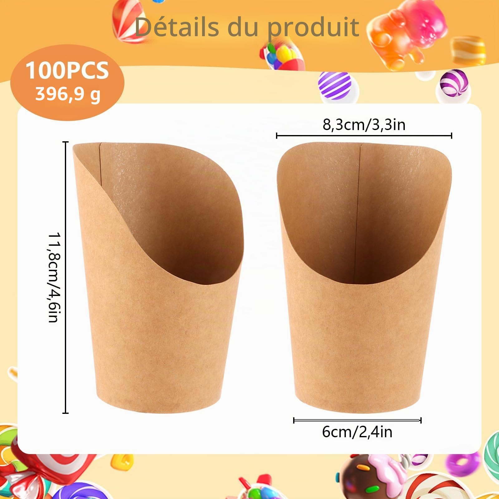 YAYODS Lot de 100 Gobelet en Papier Kraft 14 oz / 410 ml - Cornet de Frites à Bouche Biseautée - Support Snack Étanche et Résistant à l'Huile pour Frites, Popcorn, Gaufres et Glaces