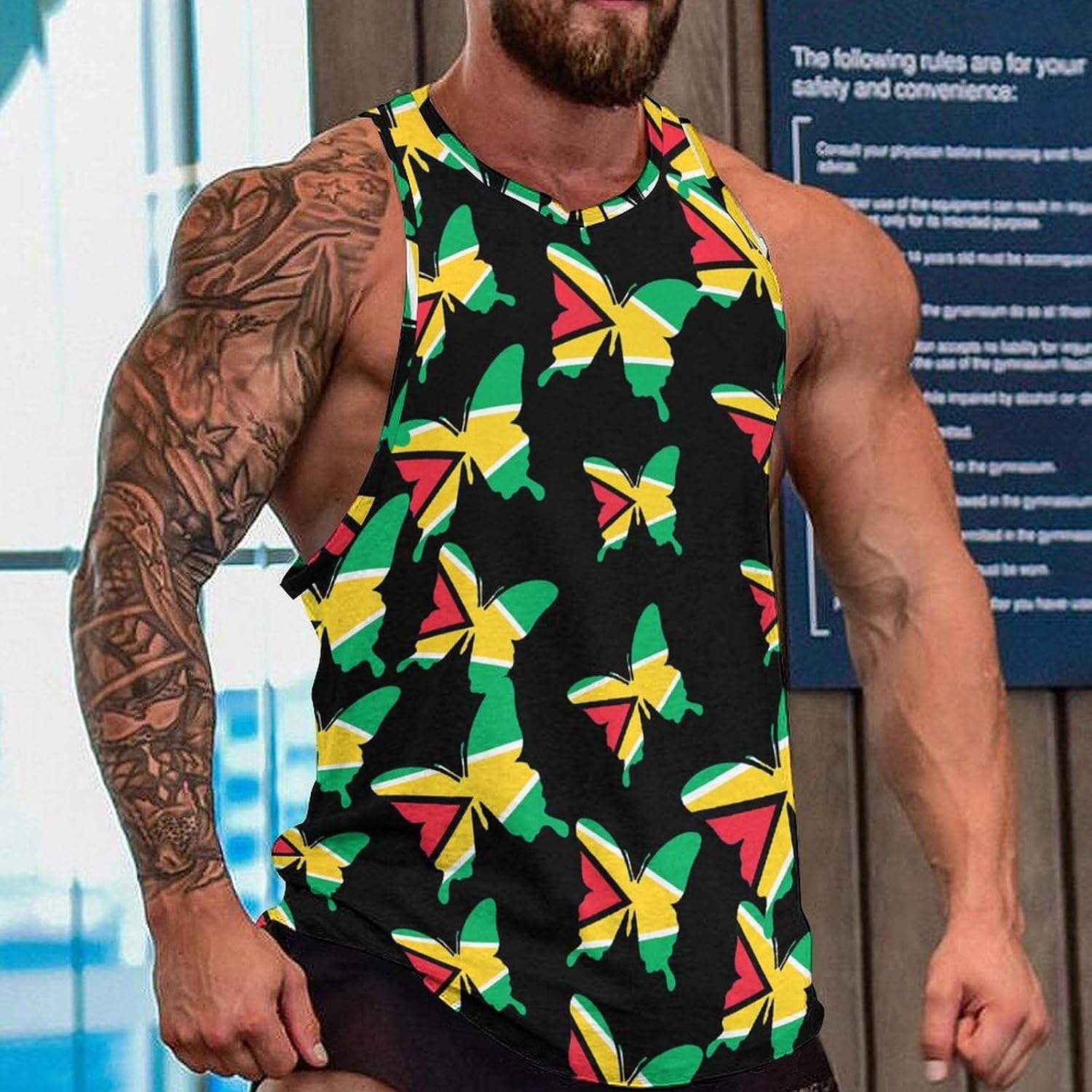 Guyana Flag Butterfly Men's Tank Tops Sleeveless Muscle Shirts for Men Lightweight Vest Crew Neck T-Shirts