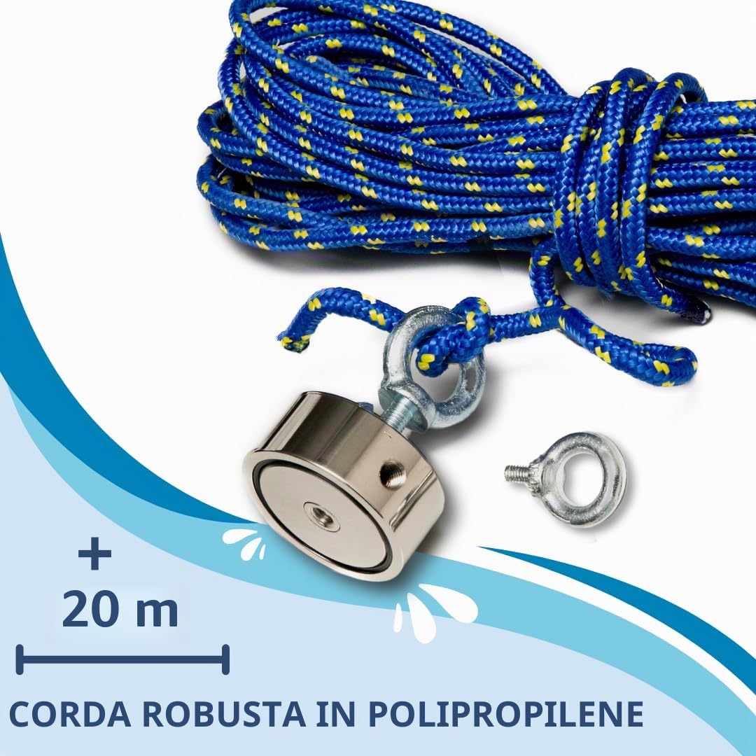 ITALFIT MAGNETI Set Magnet fishing - Diametro 67mm, Spessore 28mm, con due Fori M10 - Magnete Potente per pesca magnetica - Calamita potente e Corda 20m Inclusa - Forza 220 KG Ideale per Magnetfishing
