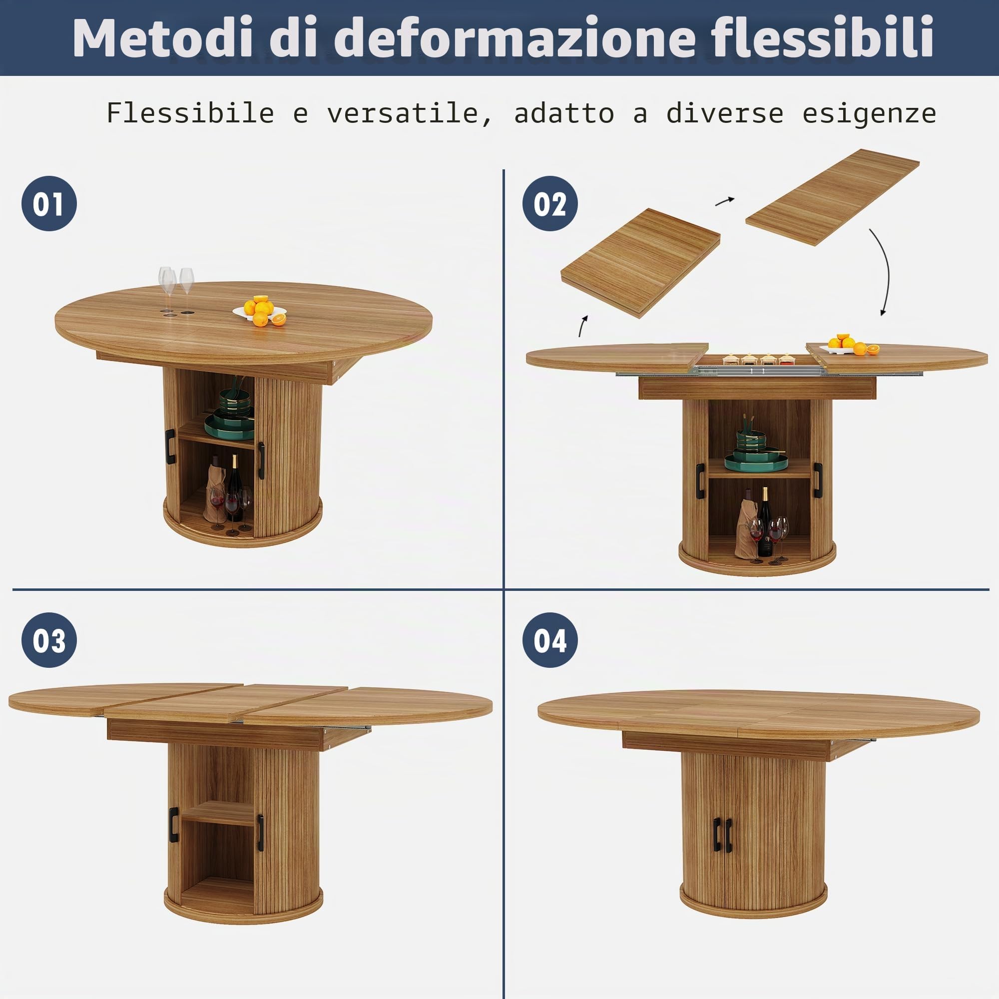 Tavolo da pranzo allungabile rotondo a ovale, tavolo da pranzo con vano portaoggetti, tavolo da cucina per 4-6 persone, tavolo rotondo salvaspazio con piano estraibile per soggiorno, cucina