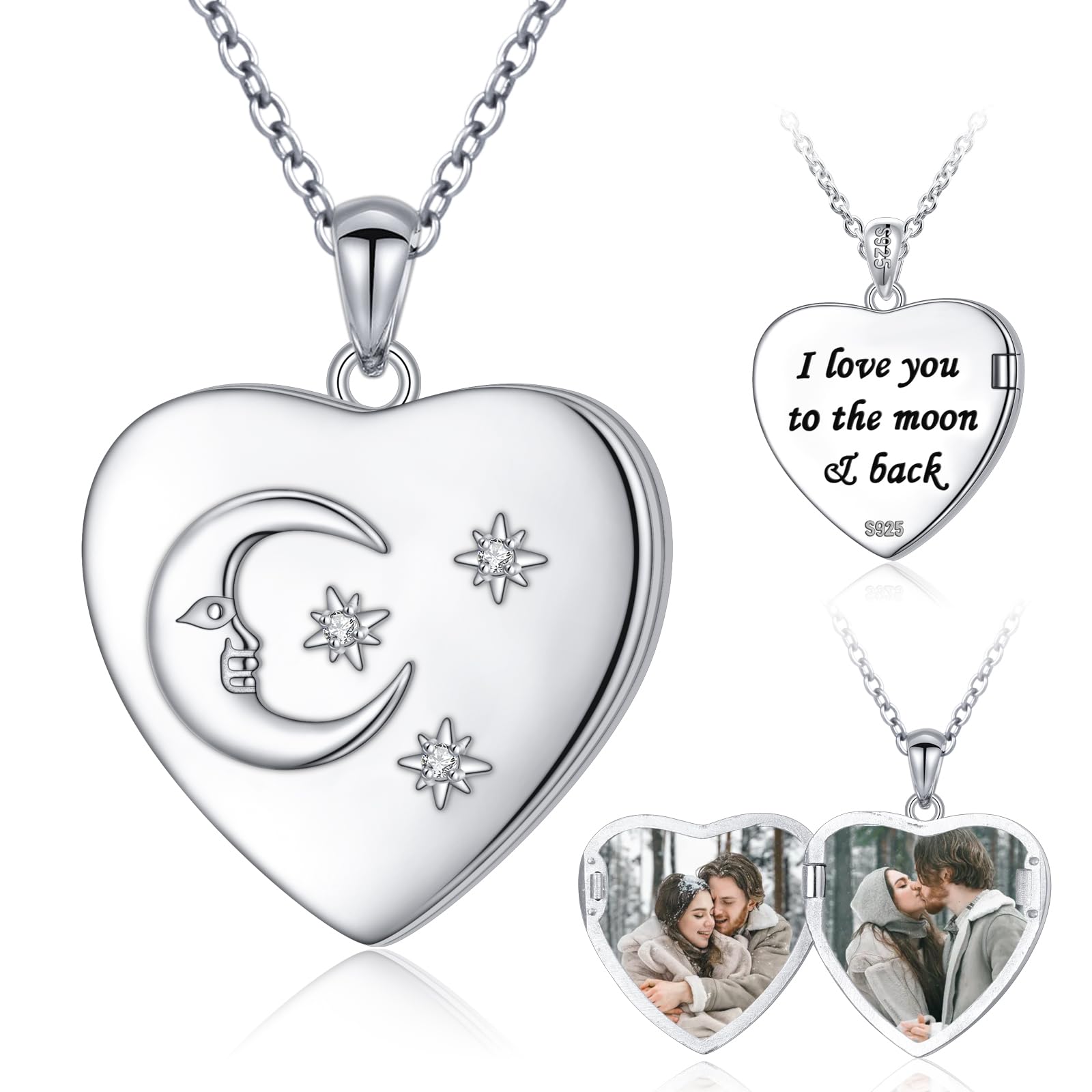 Ladytree 925 Sterling Silver Heart Locket Necklace Hold 2 Photos Personalized Customized Pictures Keepsake Memory Jewelry Birthday Gifts for Women Mother Wife Sisters Daughter