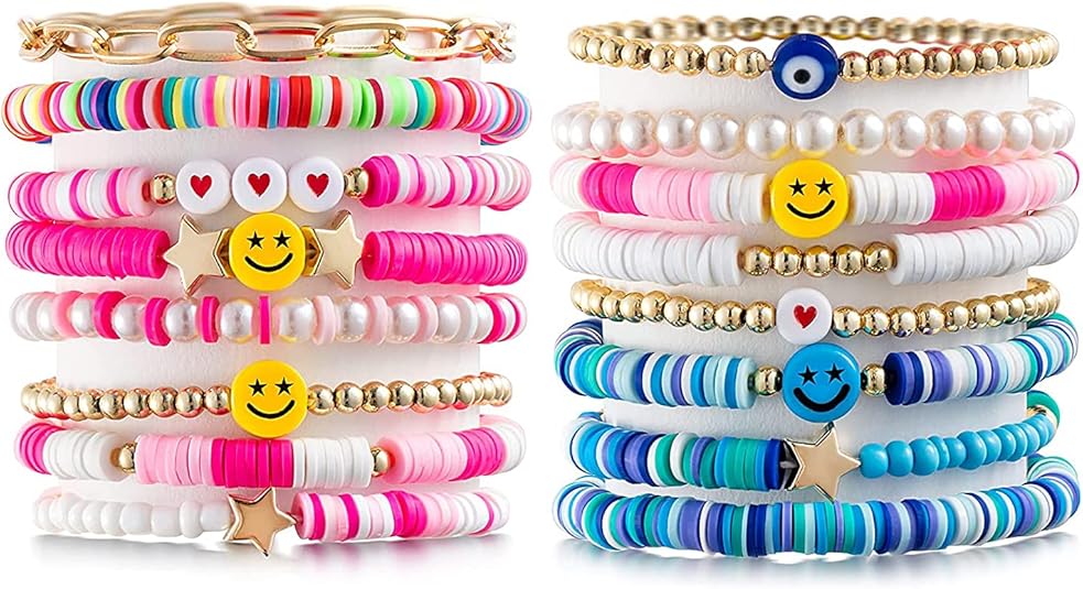 FUNDI 16 Pieces Preppy Heishi Stackable Bracelets for Women Cute Colorful Beach Bracelets Smile Evil Eye Pearl Bohemian Aesthetic Beaded Elastic Bracelet for Valentine's Day Gift