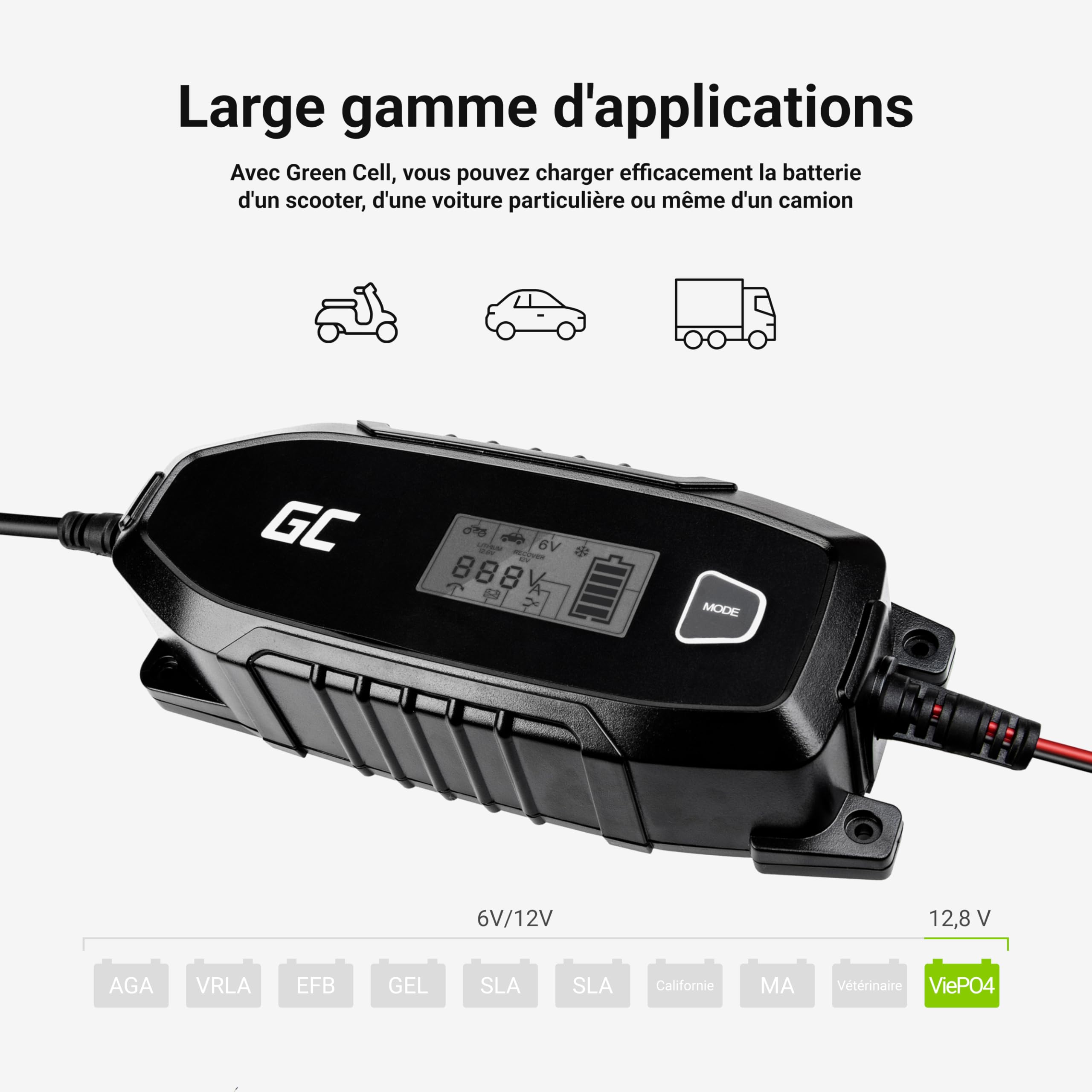 Green Cell® Chargeur Automatique Intelligent 6V/12V 4A (SLA, AGM, Gel, EFB, Wet, LiFePO4) Chargeur de Batterie avec Mode de reconditionnement de Test de Batterie pour Voiture Moto Camion Automobile