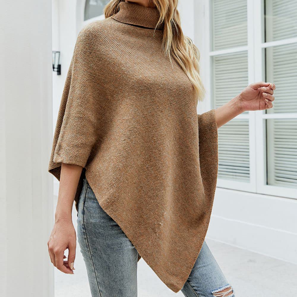 JFAN Poncho para Mujer Elegante Capa de Cuello Alto Jersey de Punto con Cuatro Botones Otoño/Invierno