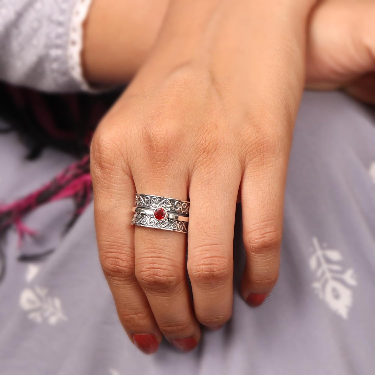 Garnet Spinner Ring – 925 Sterling Silver Handmade Fidget Ring for Women, Stress Relief Jewelry