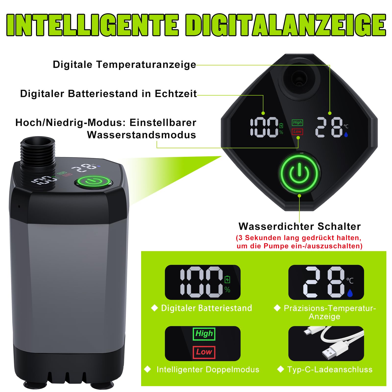 Spopal Campingdusche Tragbare, [6000mAh] Camping Dusche mit mit Pumpe und Temperaturanzeige, Camping Dusche Outdoor Set mit Duschkopf und 2M Schlauch für Garten, Autowaschen, Strand, Reisen, Haustier