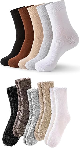 Josnown 10 Pairs Soft Womens Socks, 5 Pairs Cotton Socks and 5 Pairs Fuzzy Socks for Women