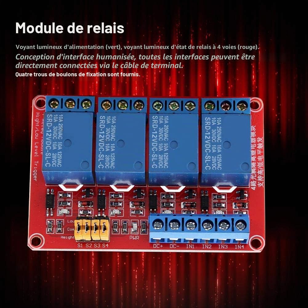 Module de relais 4 canaux, haute isolation optocoupleur déclencheur haut bas module relais industriel compatible 5V 12V 24V for domotique automobile et projets électroniques professionnels