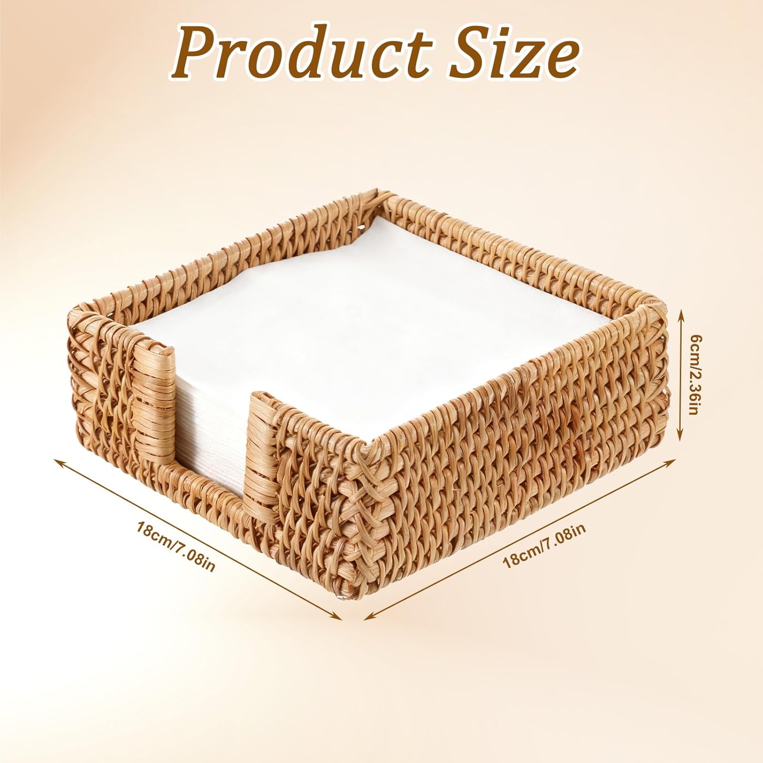 Rattan Napkin Holder, Square Wicker Napkin Holder Table Napkins Holders Guest Towel Disposable Hand Towel Holders for Kitchen Bathroom Picnic Wedding Party (7.08 X 7.08 X 2.36 Inch) - Image 2