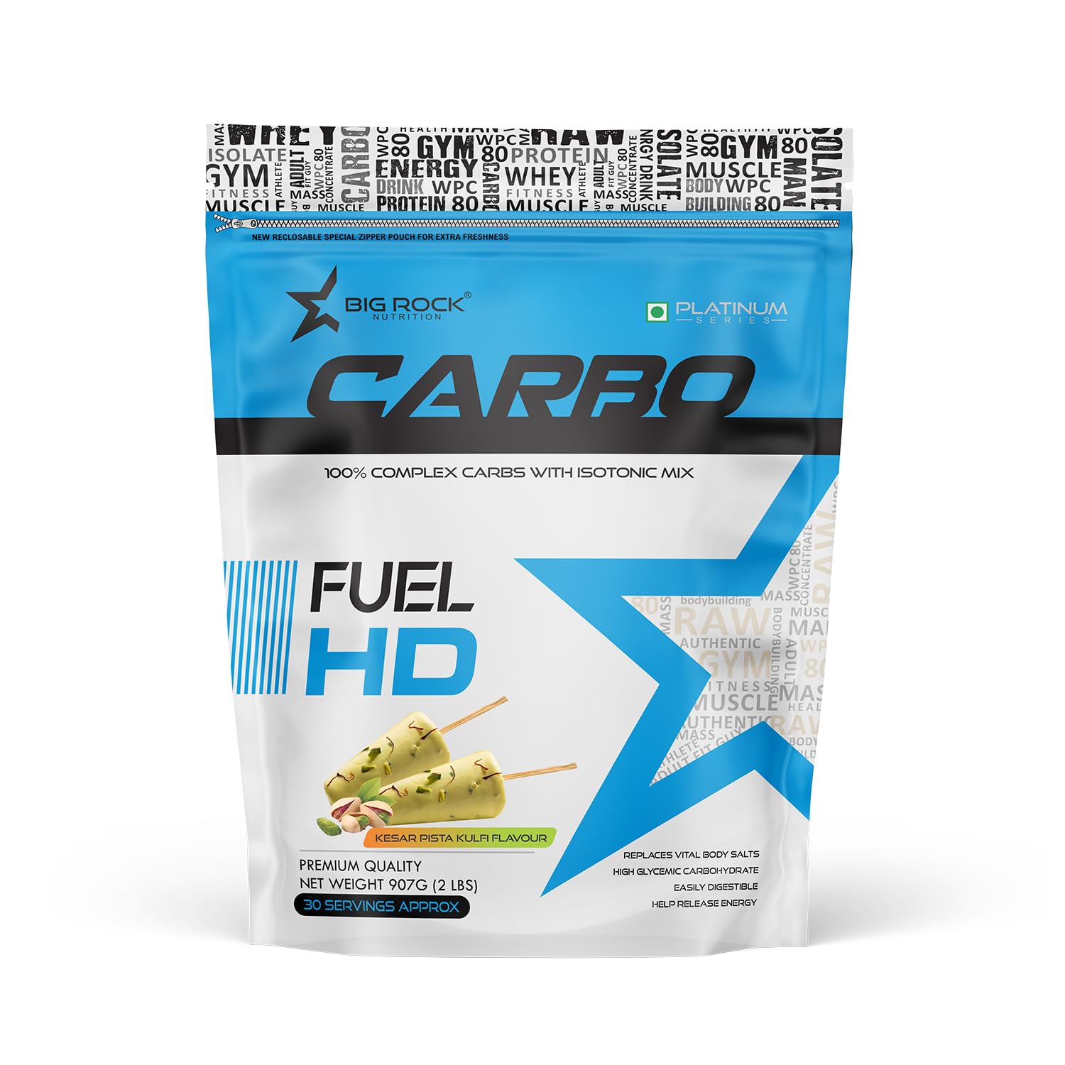 BIG ROCK NUTRITION Platinum Series Carbo Fuel HD With Isotonic Mix Carb Blend (907gm, Keasr Pista Kulfi)-image-18