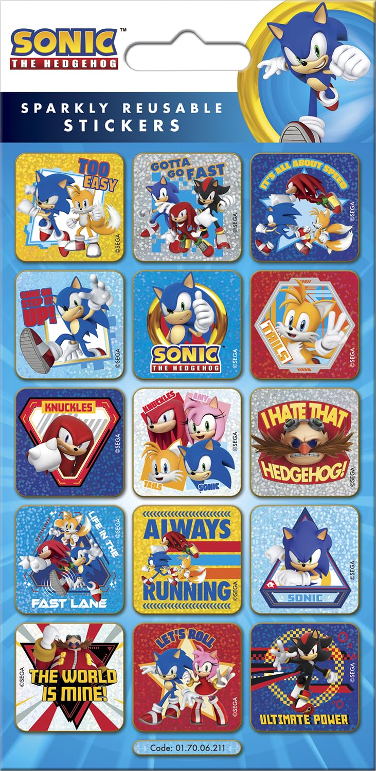 Sonic the Hedgehog Captions Sparkly Reusable Foil Stickers | Official SEGA Licensed Product | Reusable on Non-Porous Surfaces | Kids 3+, Birthday Gifts, Party Bags, Arts & Crafts, Scrapbooking