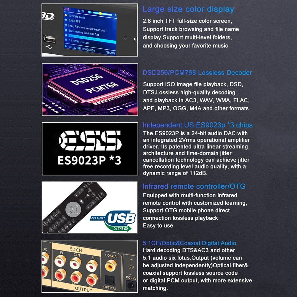 5.1 Surround Sound Decoder Separator Converter für DTS AC3, 4K 60Hz HDMI 2 in 1 Out, HDCP 2.2 HDR, Digital Analog Audio Video System 192Khz/24Bit, mit Bluetooth 5.0 Empfänger