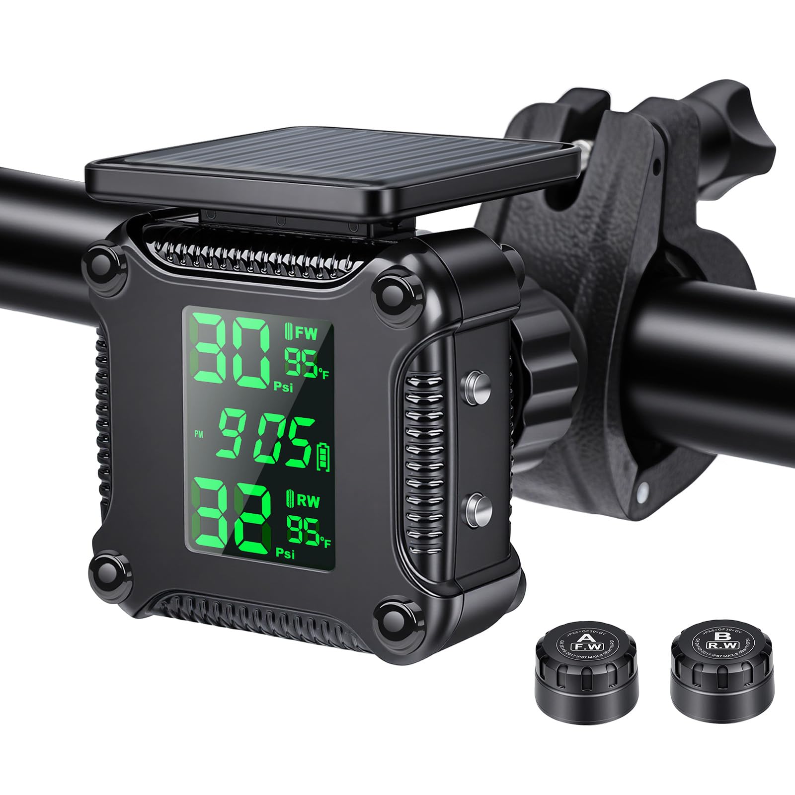 Photo 1 of LNKERCO Motorcycle Tire Pressure Monitoring Alarm System with Solar Charge, Motorcycle TPMS with 2 External Sensors, LCD Digital Display, USB Charging, Motorbike Tyre Temperature Alarm