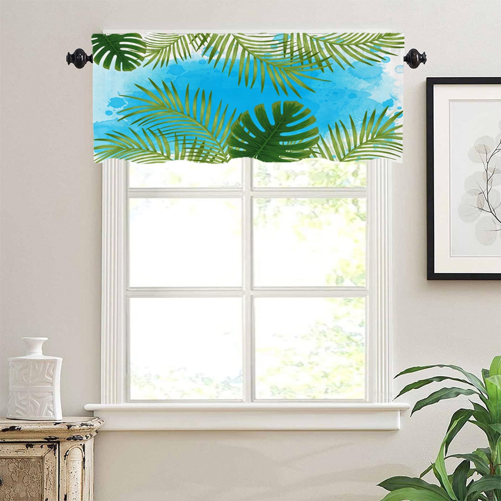 Cortina corta de bistró KnSam opaca con hojas tropicales azul y verde para cocina, 137x45 cm