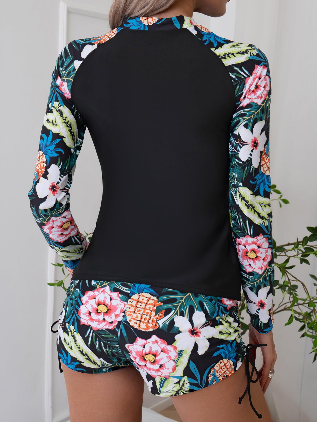 Owntop Maillot de bain 2 pièces à manches longues pour femme, maillot de bain anti-UV UPF 50+, gilet rashguard à fermeture éclair, maillot de bain floral avec bas taille haute, pour la natation et le