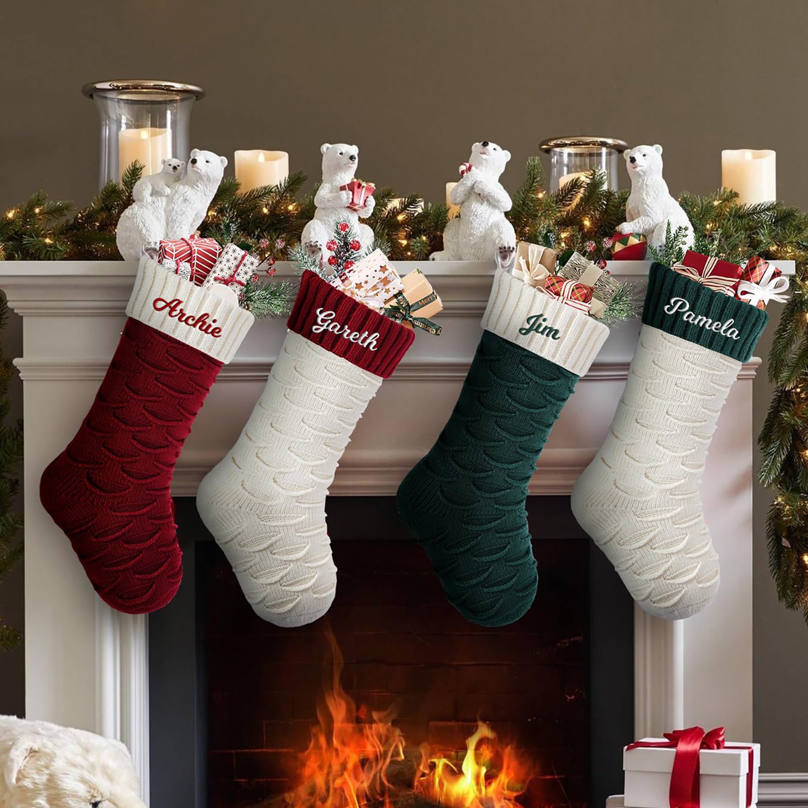 Personalised Christmas Stockings Custom Name Family Christmas Stockings 18” Large Knit Knitted Xmas Stocking for Kids, Rustic Farmhouse Fireplace Hanging Ornament Christmas Holiday Party Decoration