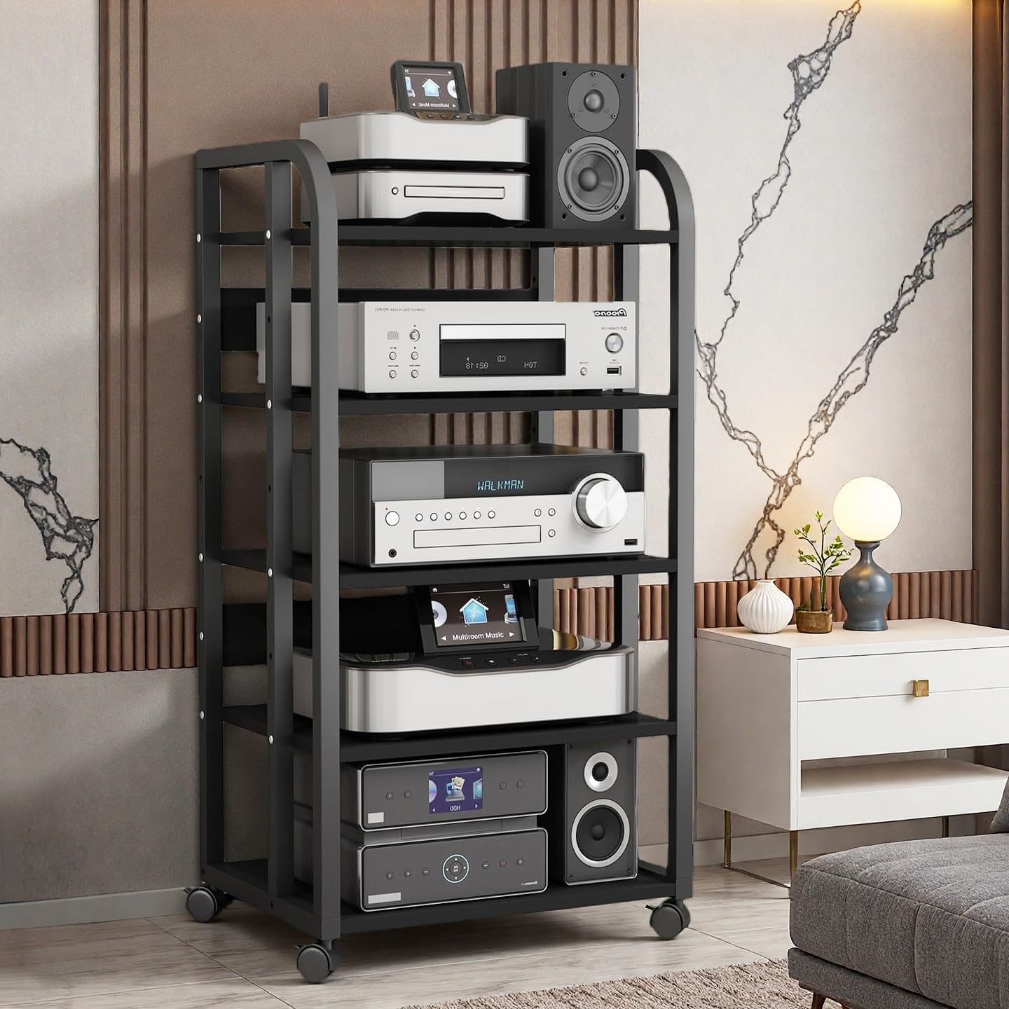 5-Tier Stereo Cabinet, Rolling AV Media Stand with Wheels, Adjustable CD Record Player Console Shelf Audio Component Rack for Home Theater, Studio, Gaming & Living Room, Black