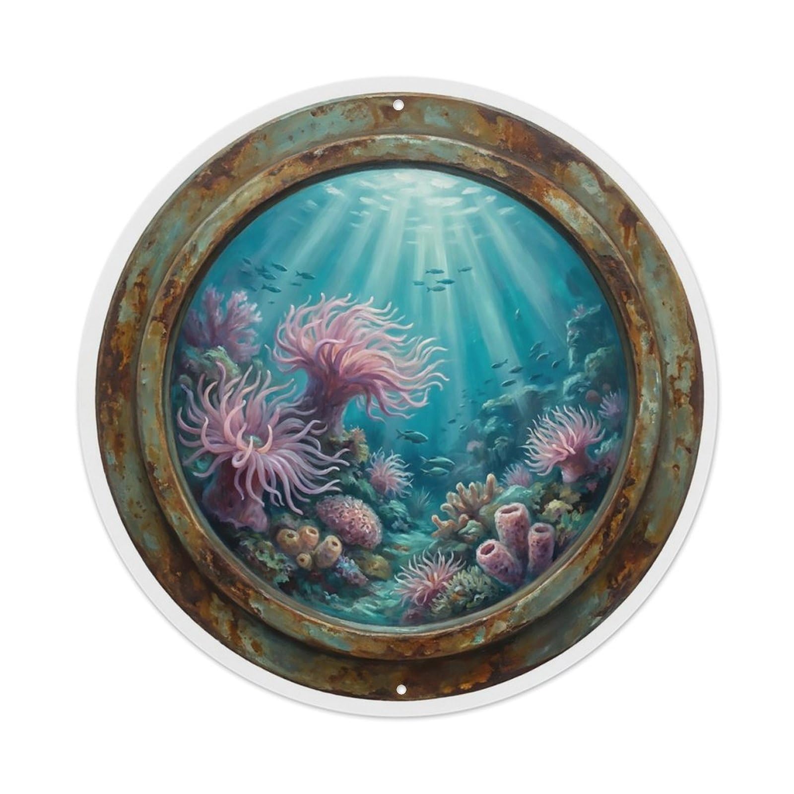 Vintage Porthole Soft Coral Swaying Ship Window Undersea Deep Sea Metal Tin Sign